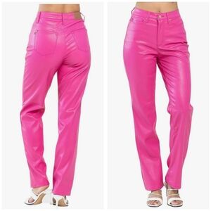 New JUDY BLUE Pink Girl Tummy Control Vegan Leather Straight Jean Sz 10 (7/28)